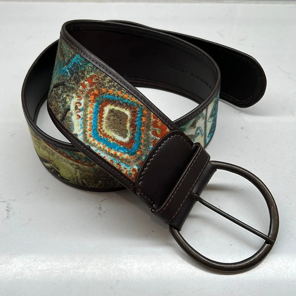 Chicos Faux Leather Trim Fabric Front Belt Round Buckle Teal Abstract Print Sz S